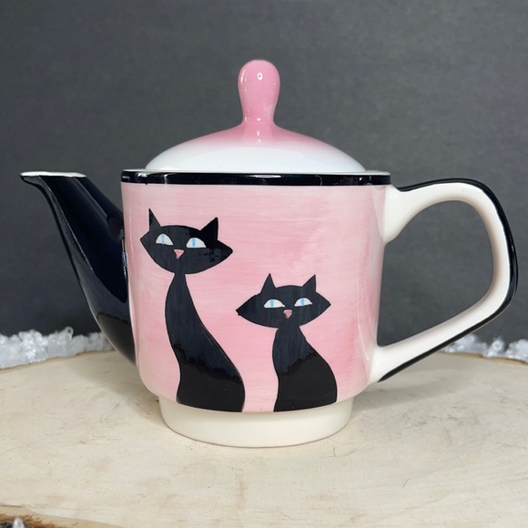 Hues N Brews Dining Hues N Brews Cat Small Tea Pot New Pink Black